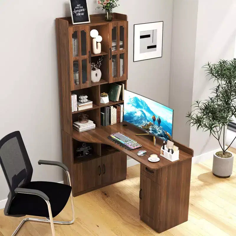 Scrivania a L color noce con libreria, scrivania per computer monoposto da 140 cm