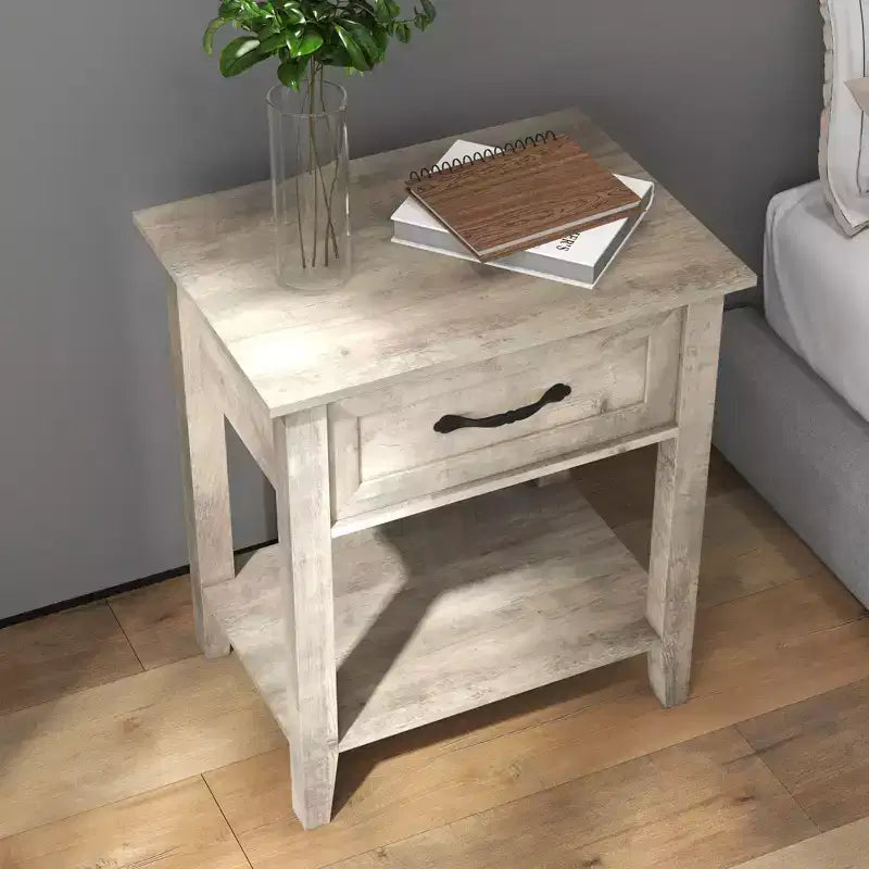 Comodino in legno bianco con 1 cassetto e ripiano aperto, tavolino laterale in stile industriale per 1