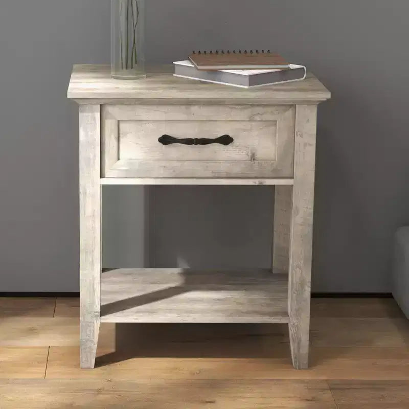 Comodino in legno bianco con 1 cassetto e ripiano aperto, tavolino laterale in stile industriale per 1