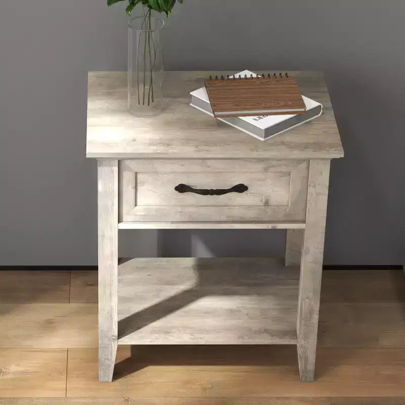 Comodino in legno bianco con 1 cassetto e ripiano aperto, tavolino laterale in stile industriale per 1