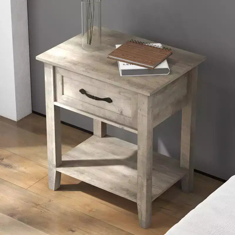 Comodino in legno bianco con 1 cassetto e ripiano aperto, tavolino laterale in stile industriale per 1