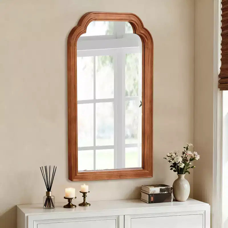 Specchio da parete con angoli arrotondati marrone giallastro, 24" x 36", cornice in legno massiccio