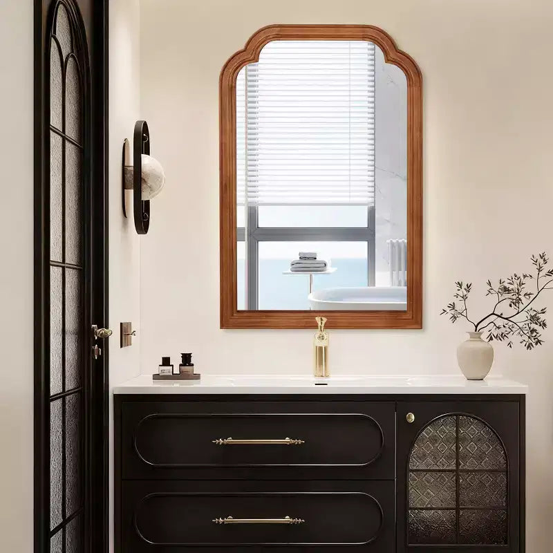 Specchio da parete con angoli arrotondati marrone giallastro, 24" x 36", cornice in legno massiccio