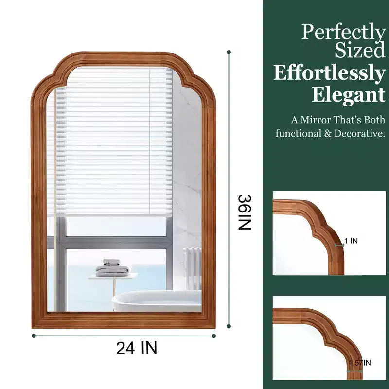 Specchio da parete con angoli arrotondati marrone giallastro, 24" x 36", cornice in legno massiccio