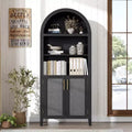 63.2 Tall Arched Bookcase with Doors, 5 Tier Open Display Shelf with Rattan Decor, Modern Bookshelf Storage Cabinet for Dining Room