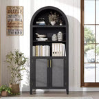 63.2 Tall Arched Bookcase with Doors, 5 Tier Open Display Shelf with Rattan Decor, Modern Bookshelf Storage Cabinet for Dining Room