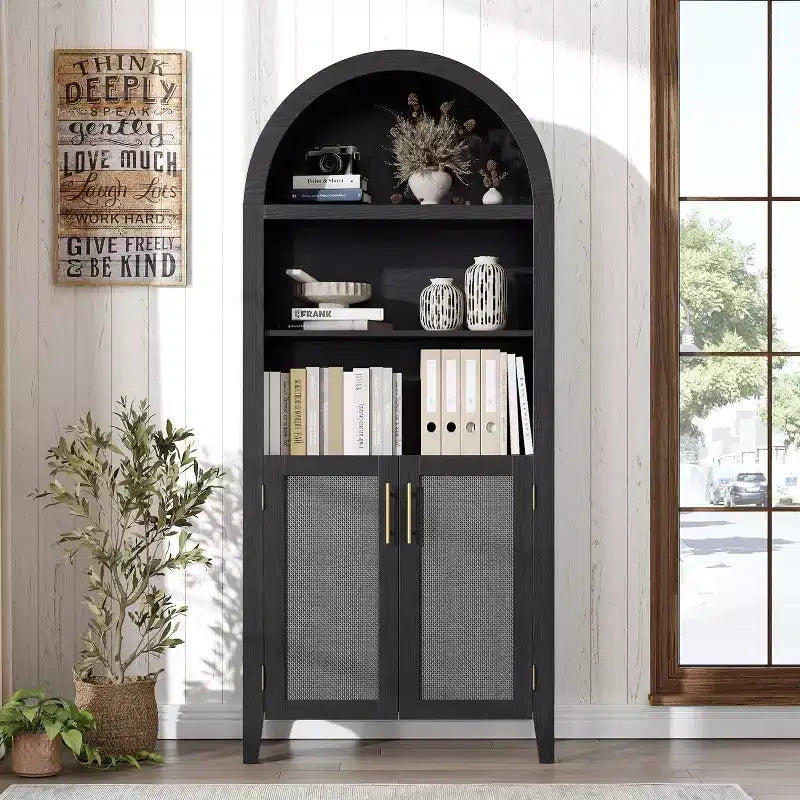 63.2 Tall Arched Bookcase with Doors, 5 Tier Open Display Shelf with Rattan Decor, Modern Bookshelf Storage Cabinet for Dining Room