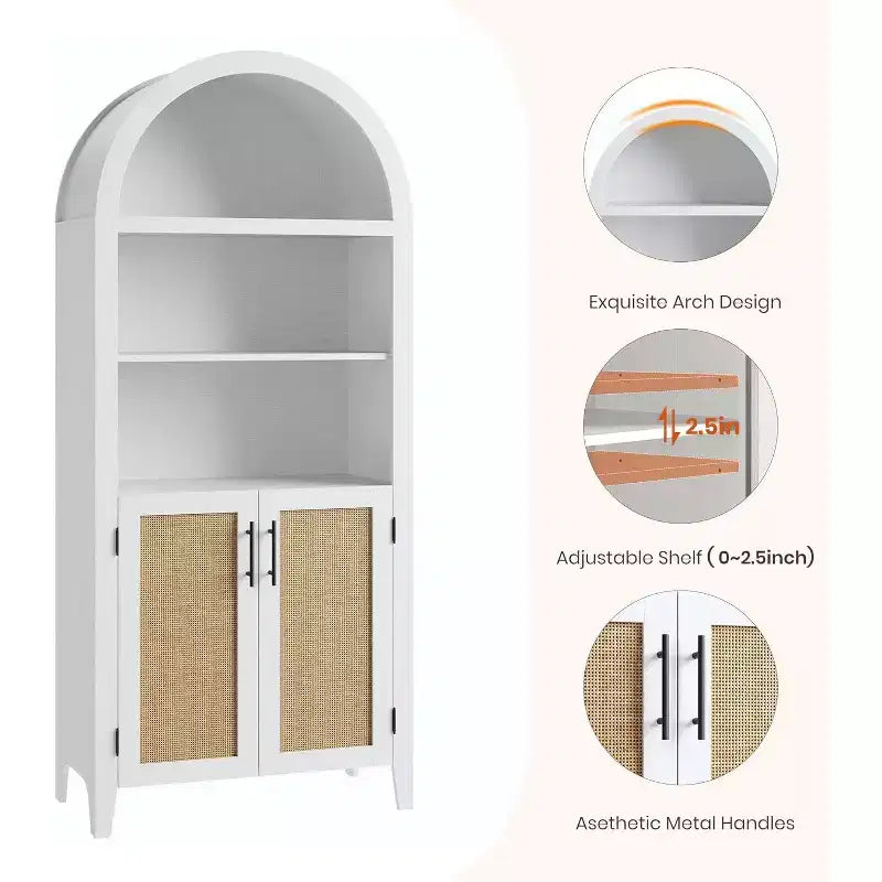 Libreria ad Arco a 5 Ripiani Marrone Noce con Ante in Rattan, Scaffale a Giorno per 1 Utente