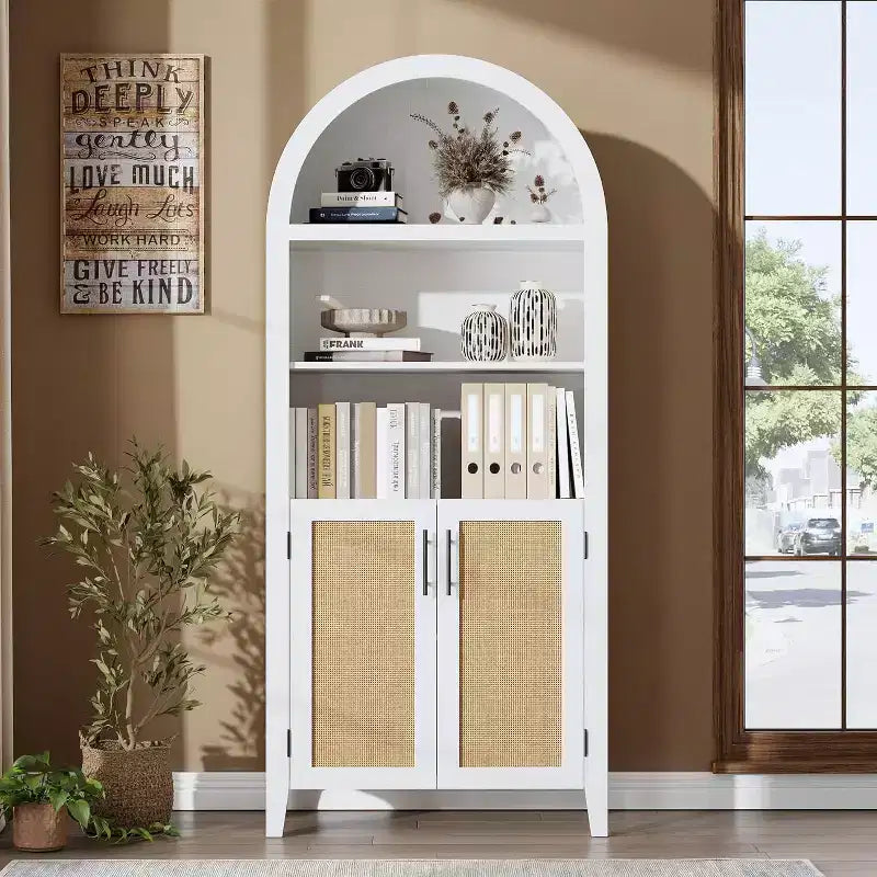 Libreria ad Arco a 5 Ripiani Marrone Noce con Ante in Rattan, Scaffale a Giorno per 1 Utente
