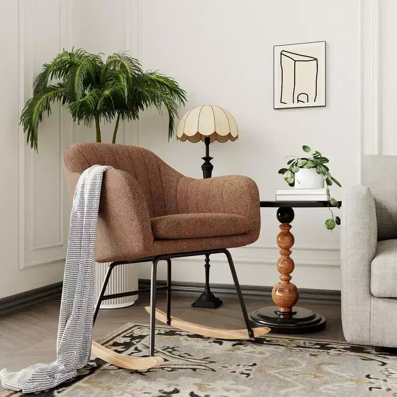 Poltrona a dondolo e scorrevole con braccioli, in ciniglia imbottita beige/marrone, a seduta singola