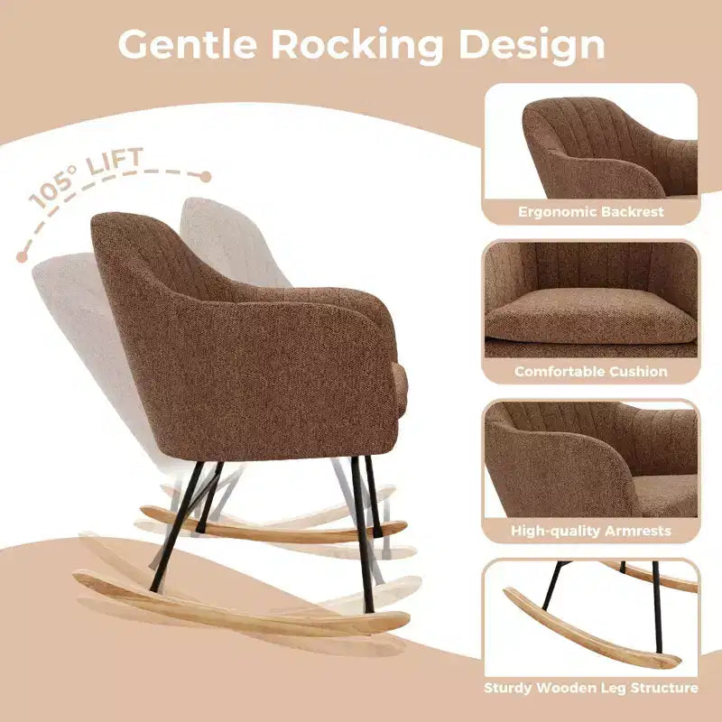 Poltrona a dondolo e scorrevole con braccioli, in ciniglia imbottita beige/marrone, a seduta singola