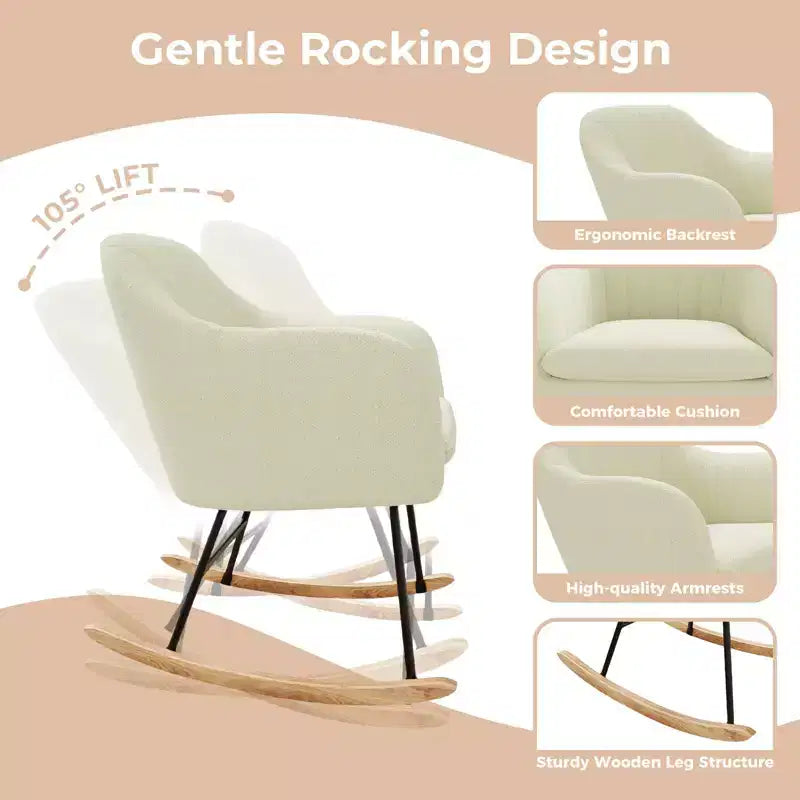 Poltrona a dondolo e scorrevole con braccioli, in ciniglia imbottita beige/marrone, a seduta singola