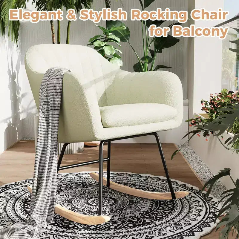 Nursery Rocking Chair, Upholstered Chenille Glider Rocker Chair, Modern Armchair With Wood Legs, Indoor Comfy Accent Chair Nursing Chairs Holds