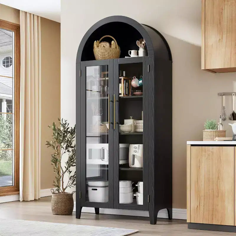 Farmhouse Arched Pantry Cabinet with 2 Glass Doors, 5-Tier Adjustable Shelf Storage for Kitchen, Dining Room and Living Room