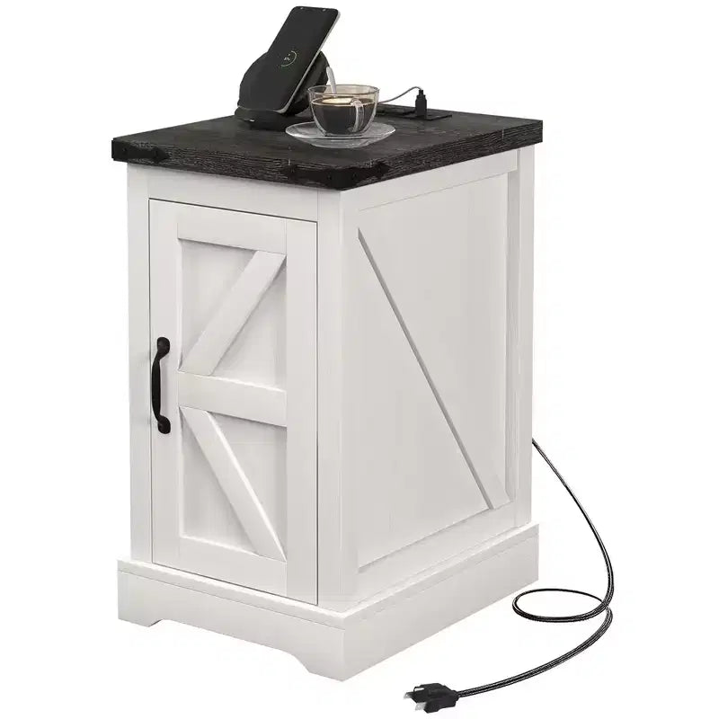Farmhouse End Table with Storage, Side Table with Charging Station and USB Ports for Living Room