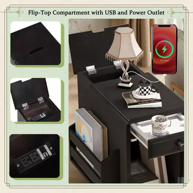 Tavolino con cassetto, porte USB e libreria – Marrone / Espresso / Blu Notte
