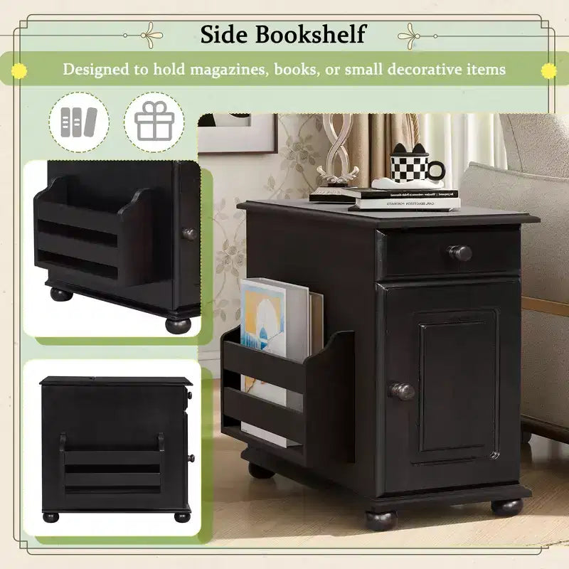 Tavolino con cassetto, porte USB e libreria – Marrone / Espresso / Blu Notte