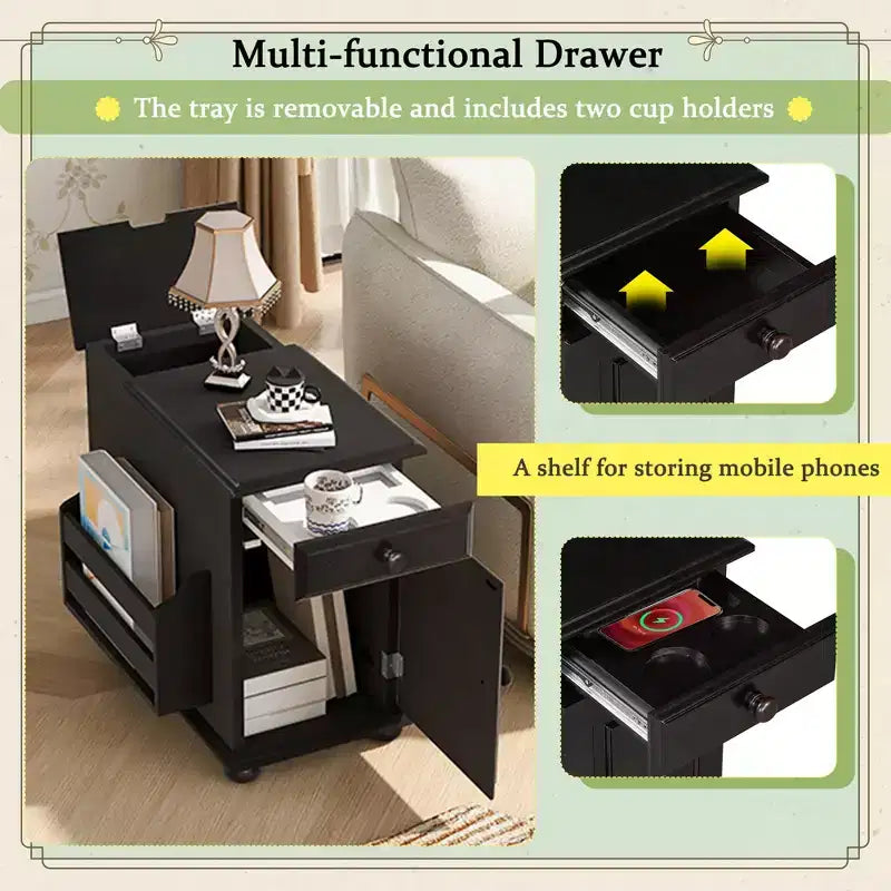 Tavolino con cassetto, porte USB e libreria – Marrone / Espresso / Blu Notte