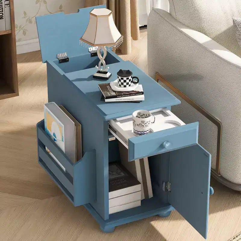 Tavolino con cassetto, porte USB e libreria – Marrone / Espresso / Blu Notte