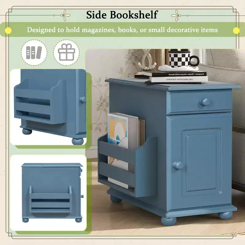 Tavolino con cassetto, porte USB e libreria – Marrone / Espresso / Blu Notte