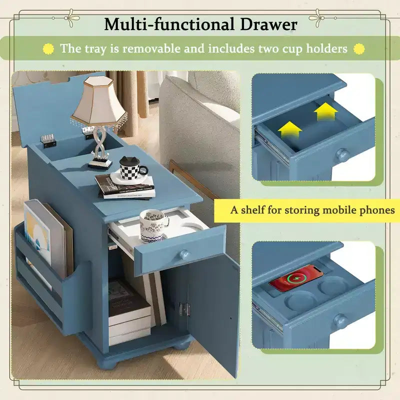 Tavolino con cassetto, porte USB e libreria – Marrone / Espresso / Blu Notte