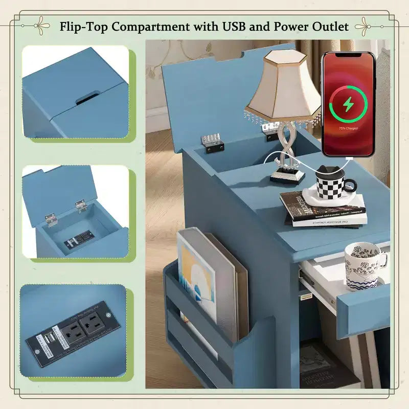 Tavolino con cassetto, porte USB e libreria – Marrone / Espresso / Blu Notte