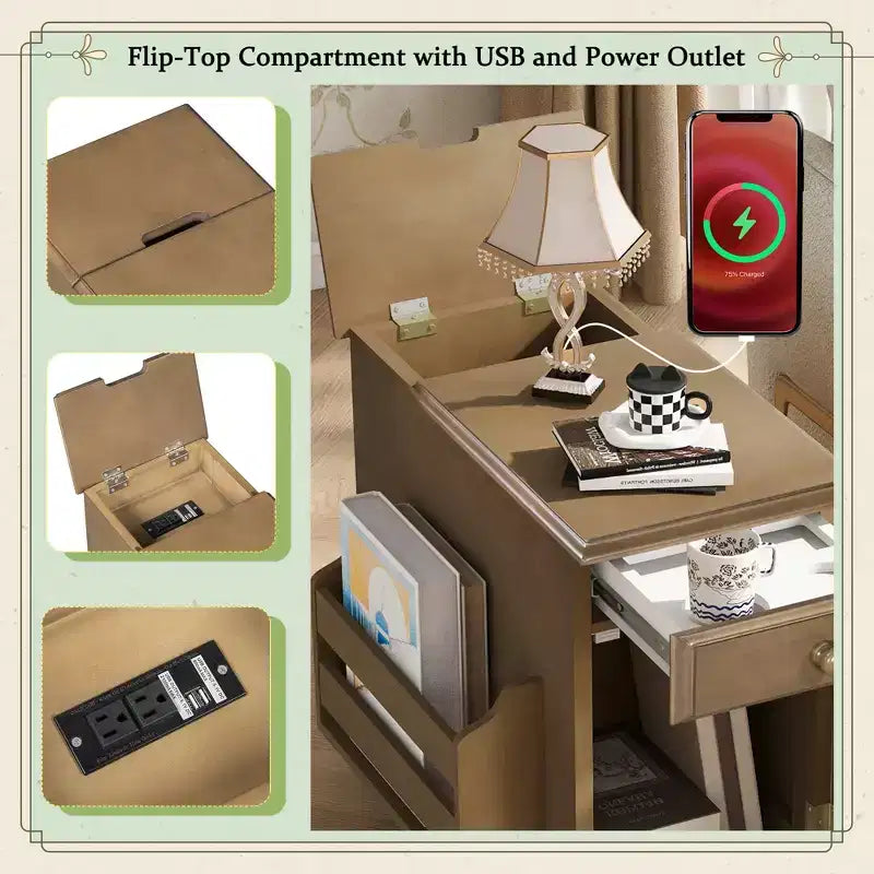 Tavolino con cassetto, porte USB e libreria – Marrone / Espresso / Blu Notte