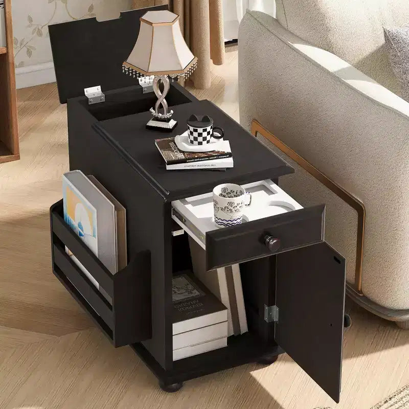 Tavolino con cassetto, porte USB e libreria – Marrone / Espresso / Blu Notte