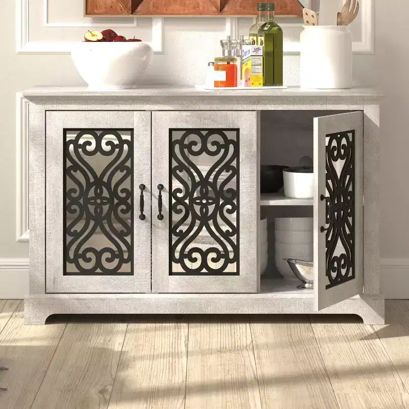 Mobile credenza/buffet a 3 ante bianco con intarsi a volute
