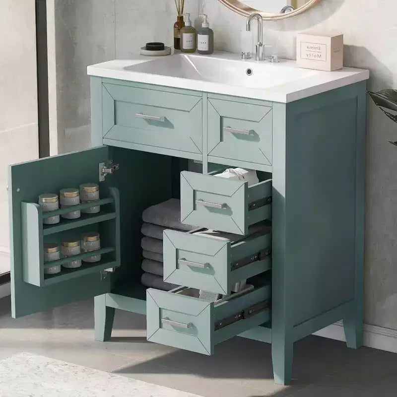 Mobile lavabo singolo da 30" verde/bianco per bagno con armadietto e cassetti