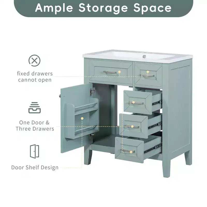 Mobile lavabo singolo da 30" verde/bianco per bagno con armadietto e cassetti