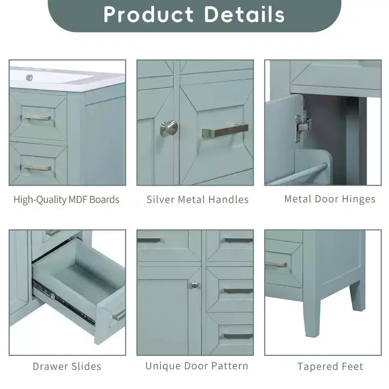 Mobile lavabo singolo da 30" verde/bianco per bagno con armadietto e cassetti