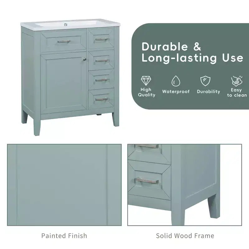 Mobile lavabo singolo da 30" verde/bianco per bagno con armadietto e cassetti