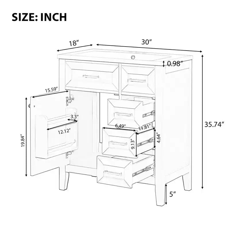 Mobile lavabo singolo da 30" verde/bianco per bagno con armadietto e cassetti