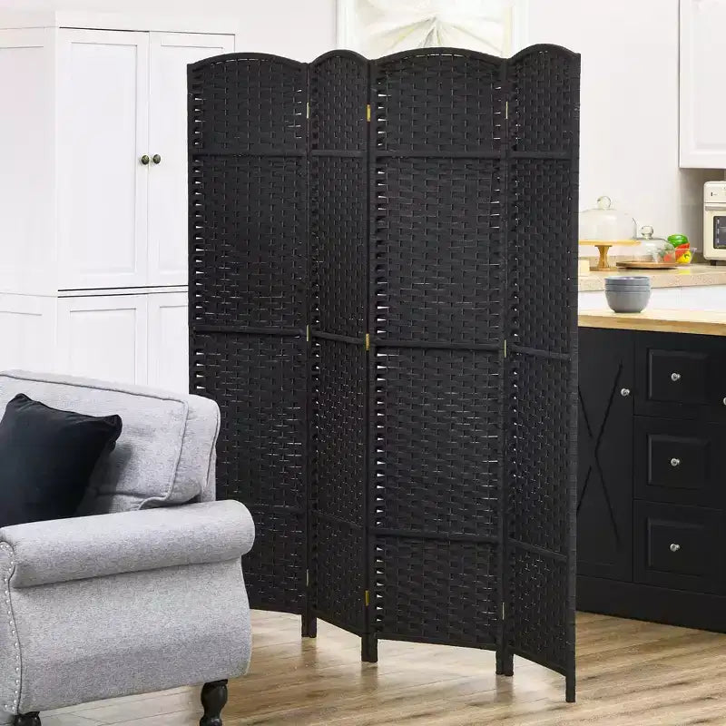 Divisorio pieghevole a 4 pannelli beige/nero/marrone/bianco, alto 170 cm, paravento su un lato