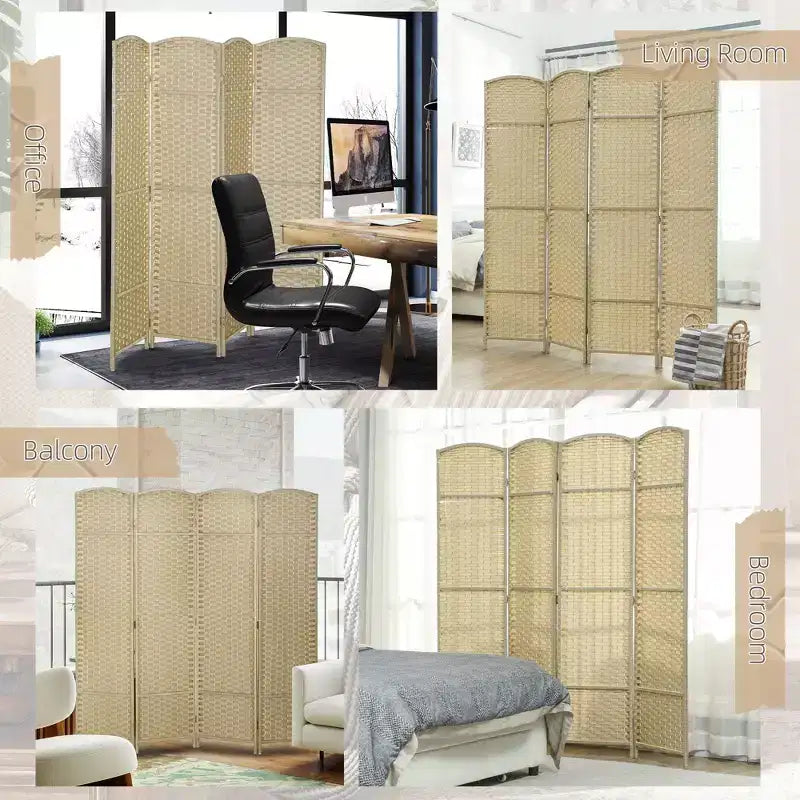 Divisorio pieghevole a 4 pannelli beige/nero/marrone/bianco, alto 170 cm, paravento su un lato