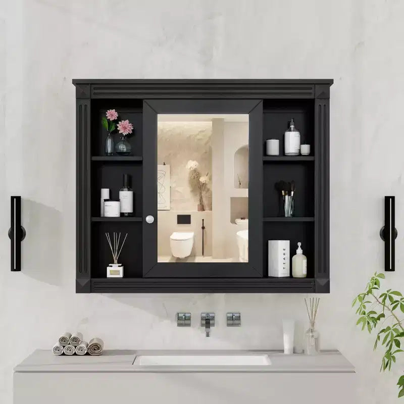 MAYEERTY 28.7 Wall Mounted Bathroom Mirror Cabinet with Concealed Storage 6 Open Shelves Medicine Cabinet Black