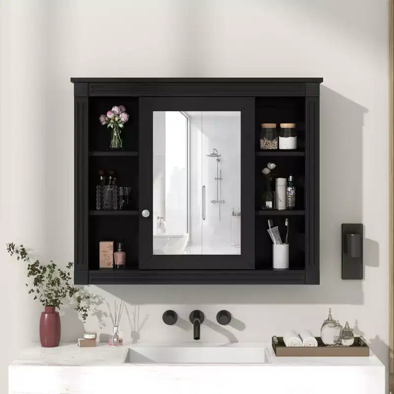Mobiletto a specchio nero da parete per bagno con contenitore, 6 ripiani, singolo