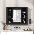 Mobiletto a specchio nero da parete per bagno con contenitore, 6 ripiani, singolo