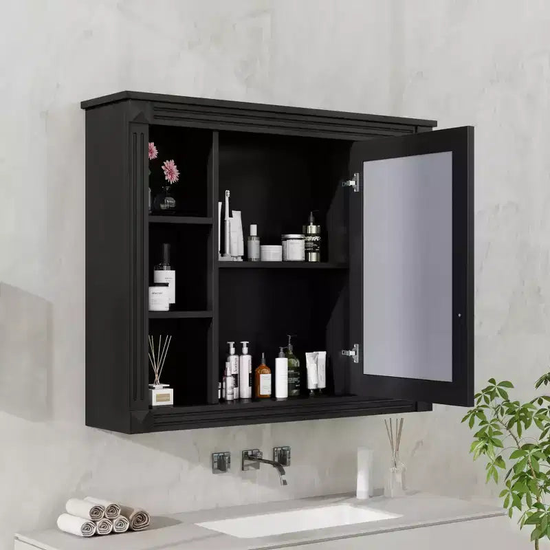 Mobiletto a specchio nero da parete per bagno con contenitore, 6 ripiani, singolo