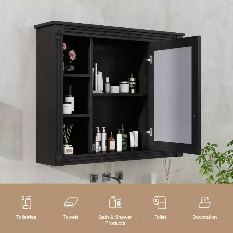 Mobiletto a specchio nero da parete per bagno con contenitore, 6 ripiani, singolo