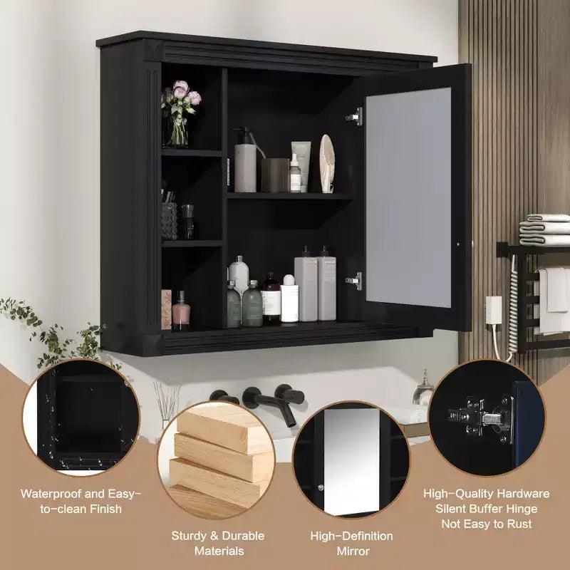 Mobiletto a specchio nero da parete per bagno con contenitore, 6 ripiani, singolo