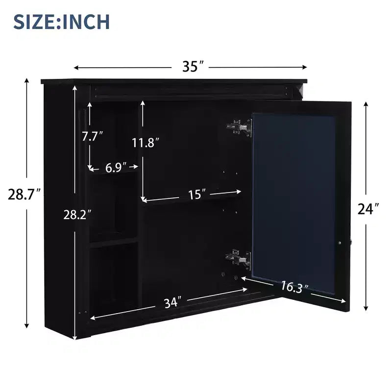 Mobiletto a specchio nero da parete per bagno con contenitore, 6 ripiani, singolo