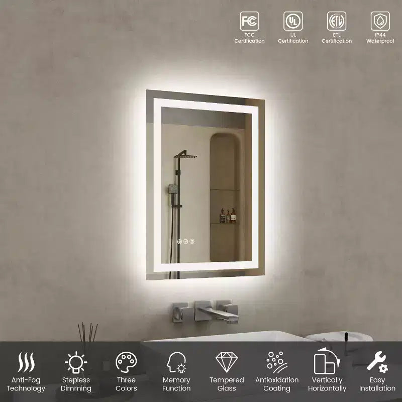 Specchio da Bagno a Parete con LED a 3 Colori e Anti-Appannamento, Singolo