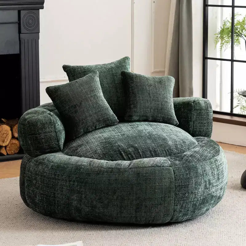 Efomao Round Ultra Soft Chenille Foam Bean Bag Chair - Oversized Comfy with Armrests & 3 Pillows - for Adults/Teens (Green)