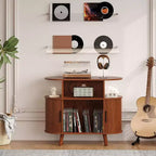Record Player Stand with Storage and Charging Station, Round Vinyl Record Cabinet, Mid-Century Modern Turntable Table for Living Room, Bedroom