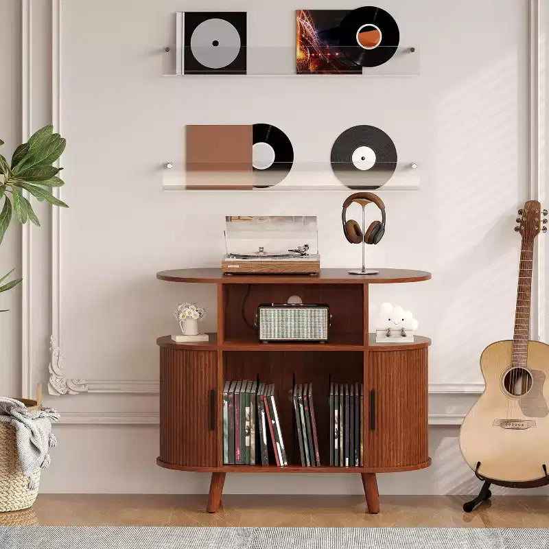 Record Player Stand with Storage and Charging Station, Round Vinyl Record Cabinet, Mid-Century Modern Turntable Table for Living Room, Bedroom