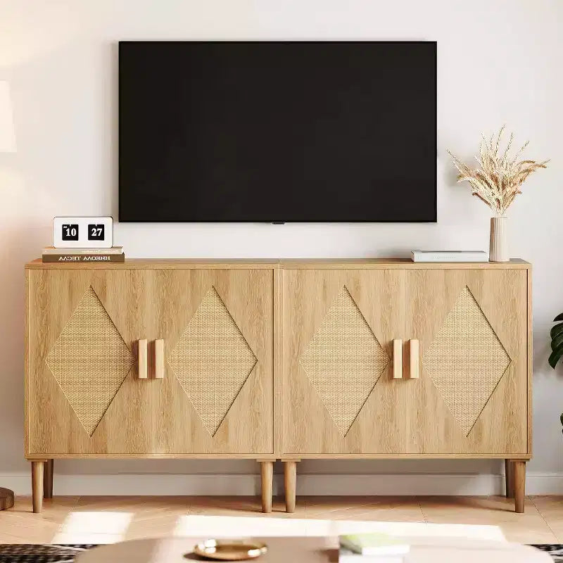 Madia/Credenza in Rattan Marrone Naturale con Ante, Stile Bohemien