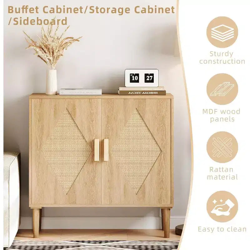 Madia/Credenza in Rattan Marrone Naturale con Ante, Stile Bohemien