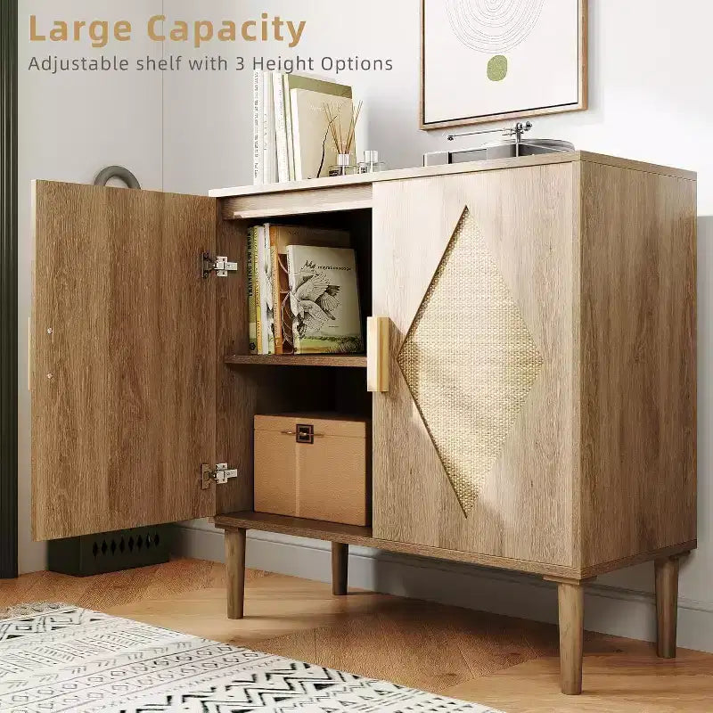 Madia/Credenza in Rattan Marrone Naturale con Ante, Stile Bohemien
